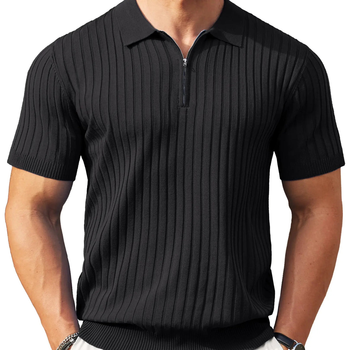 Men's Premium Ribbed Knit Zip Polo Shirt