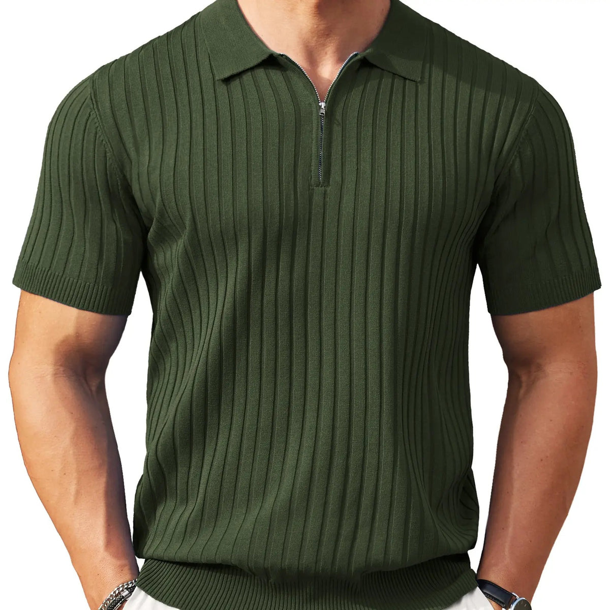 Men's Premium Ribbed Knit Zip Polo Shirt