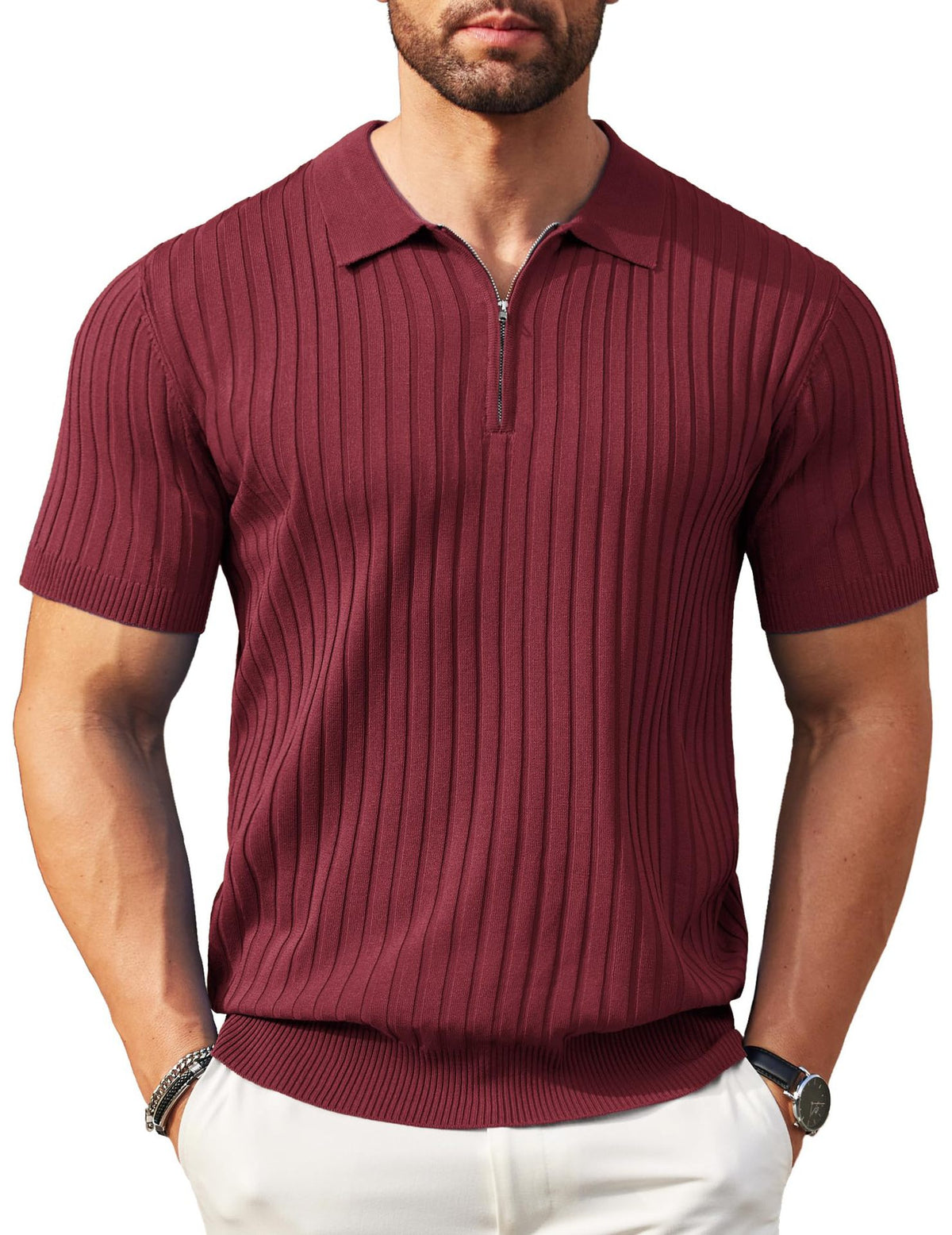 Men's Premium Ribbed Knit Zip Polo Shirt