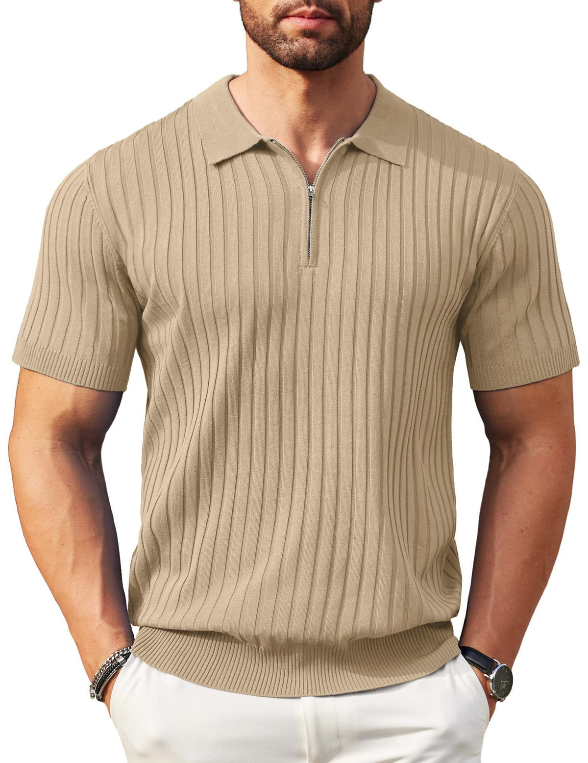 Men's Premium Ribbed Knit Zip Polo Shirt