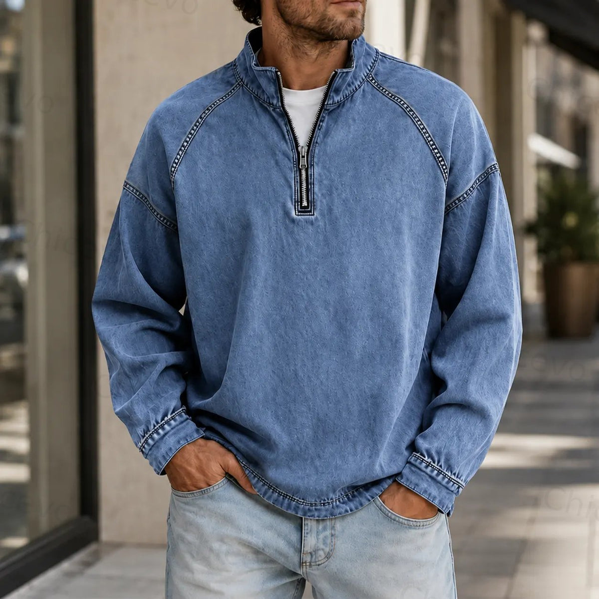 Men's Vintage Washed Quarter Zip Pullover Casual Stand Collar Sweatshirt